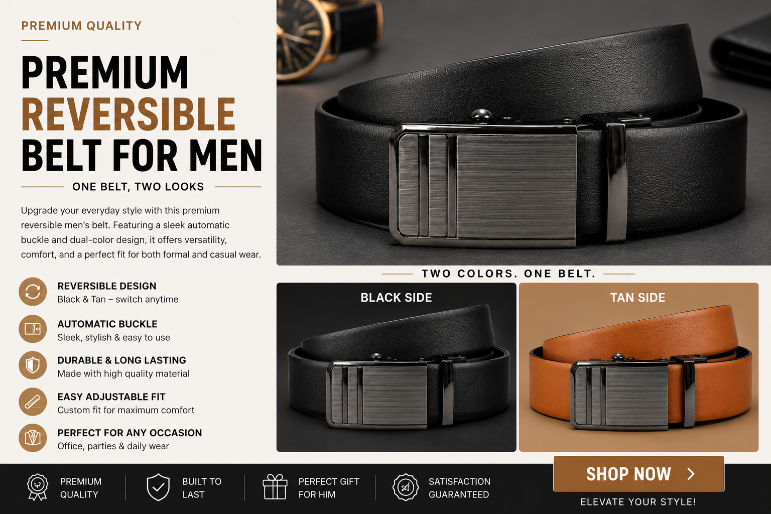 Premium Reversible Automatic Buckle Belt for Men – Black & Tan ✨