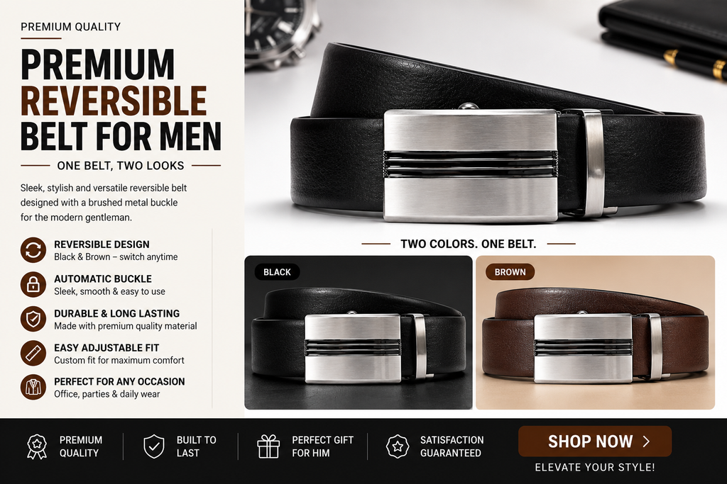 Premium Reversible Automatic Buckle Belt for Men – Black & Dark Brown