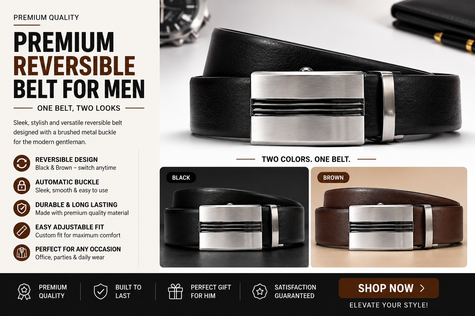 Premium Reversible Automatic Buckle Belt for Men – Black & Dark Brown